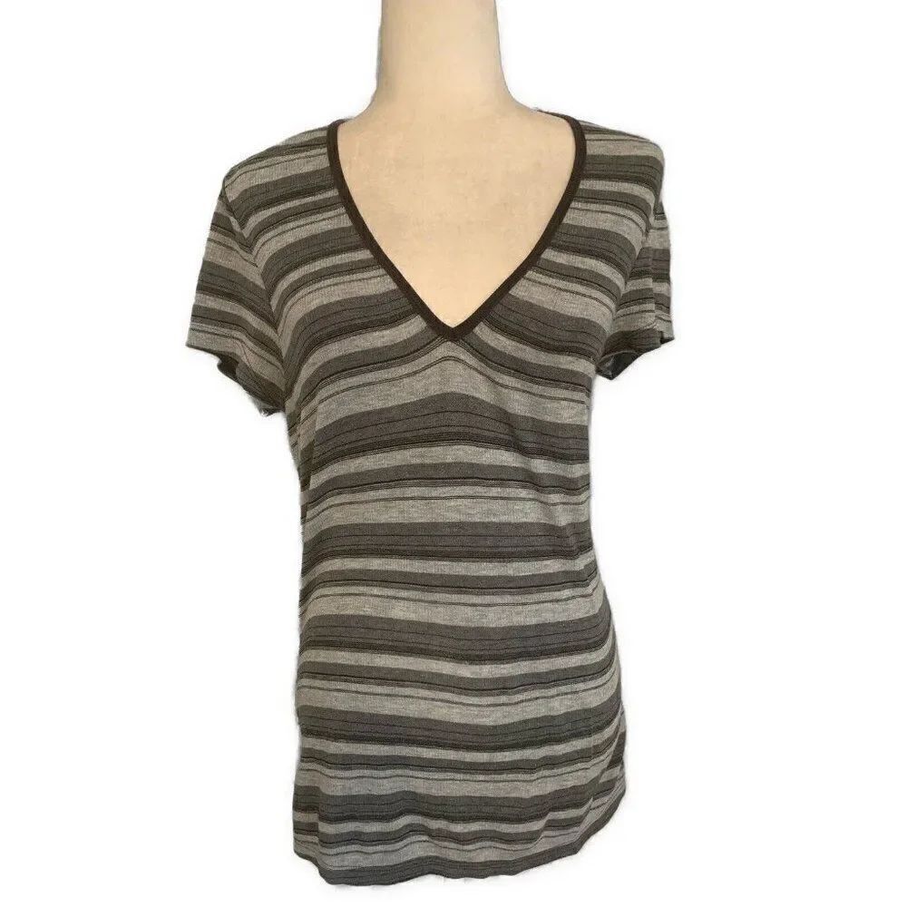 Double Fault USA Vintage Gray Black Striped V Neck Knit T Shirt Top Medium